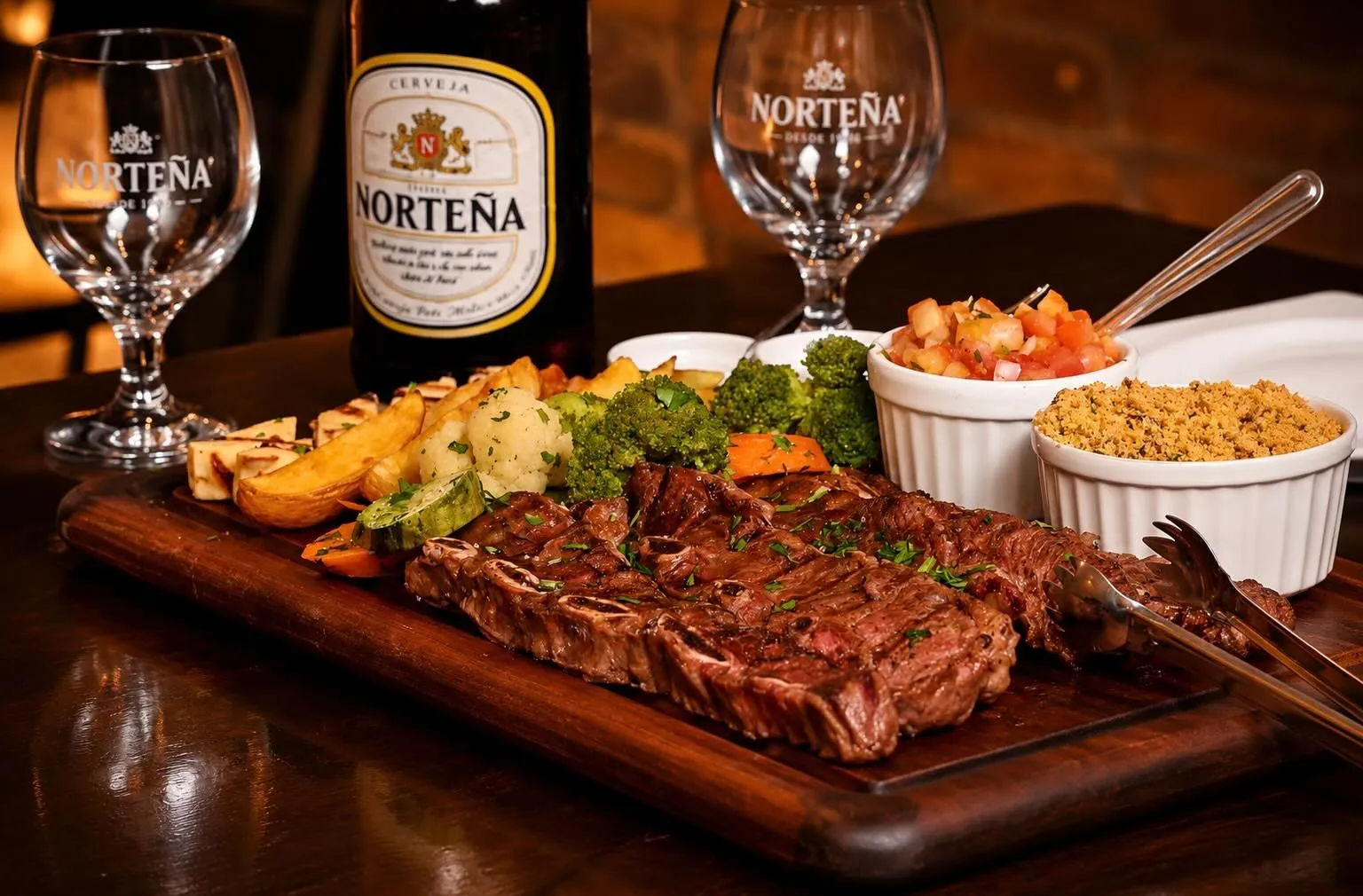 Tábua com bife fatiado, legumes, farofa, vinagrete e uma cerveja Norteña